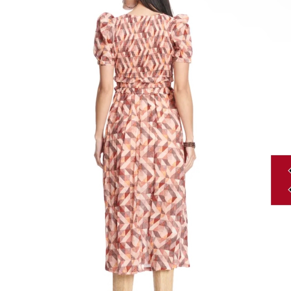 NWT TCEC Peaches & Chocolate Patchwork Smocked V-Neck Puff Sleeve Midi Dress Med - Picture 2 of 4